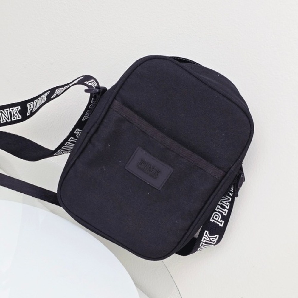 PINK Victoria's Secret Crossbody Bag OS Black Canvas Logo Strap Sporty Festival